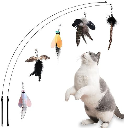Yauende Cat Feather Toys, Indoor Cat Interactive Toys, 2 PCS Flexible Wire and 5 PCS Cat Feather Toys, for Bored Indoor Cats, Indoor Cat Chase Toys