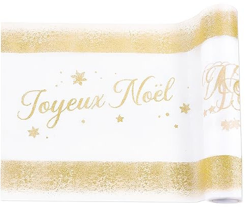 28CMx9M Chemin de Table Joyeux Noël Blanc Or Organza Tulle Rouleau Décoration de Noël Table Brillante Fête Noël Décoration Sapin de Noël