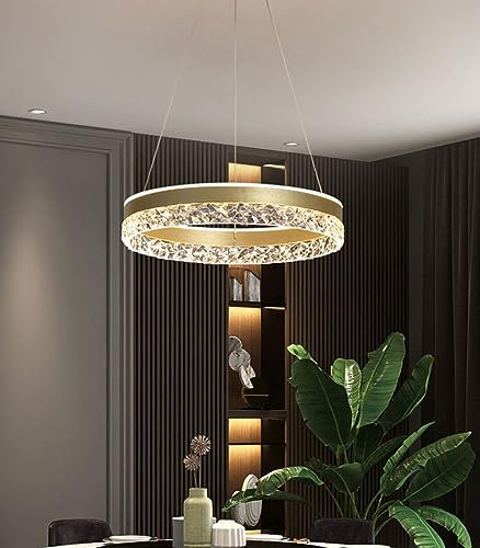 Bellastein LED Hängeleuchte Neuer moderner High-End Restaurant Pendelleuchte Ring Kronleuchter mit Kristallform Acryl Dimmbar Fernbedienung Einstellbares Rundes Deckenlampe (Gold)