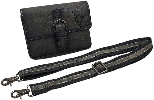 myledershop Echt Büffel-Vollleder Handtasche mit Tragegurt in Hoch- oder Querformat mit Hirsch-Motiv (Modell 2 / Querformat/Vintage-Grau)