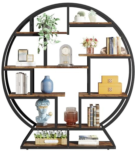 LITTLE TREE 160cm Rundes Bücherregal, Industriestil Regal mit Abgestuften Etagen, Offenes Display-Regal, Bücherregal, Pflanzenständer für Wohnzimmer, Home Office, Braun