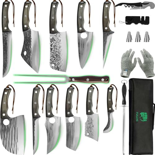 FULLHI 18 Set di coltelli da macellaio include forchetta per carne coltello borsa Coltello da cucina in acciaio ad alto tenore di carbonio mannaia per barbecue(18 pezzi)