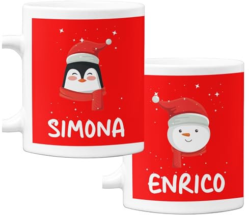 bubbleshirt Coppia Tazze Natale natalizie PERSONALIZZABILI CON NOME Pinguini Sfondo Rosso Idea Regalo Mug in ceramica 11 Oz