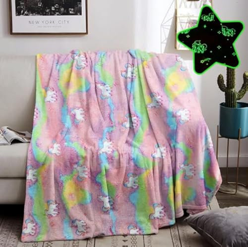 HZVRTN Kuscheldecke Kinder Einhorn/Dinosaurier/Weltraum Decke, kuscheldecke leuchtet im Dunkeln, warme Decke Flauschige Geschenke für Jungs mädchen Sofa Kinderdecke (Einhorn F, 130x150cm)