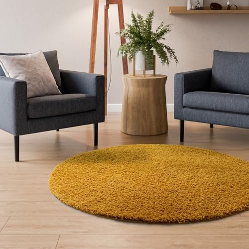 Interiyou Hochflor Teppich Sofia - 160x160 cm Rund Gelb - flauschig und einfarbig - waschbar und rutschfest - weicher Langflor