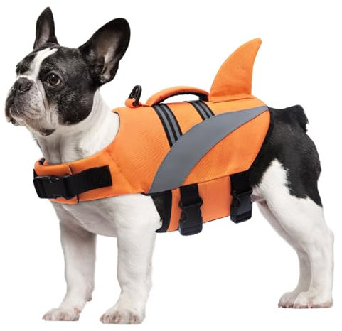 Oslueidy Giubbotto di Salvataggio del Cane Alta Flotation Shark Dog Salvagente Galleggia Cappotto Riflettente Pet Gilet di sicurezza Costumi da bagno Dog Life Vest (Arancia, XS)