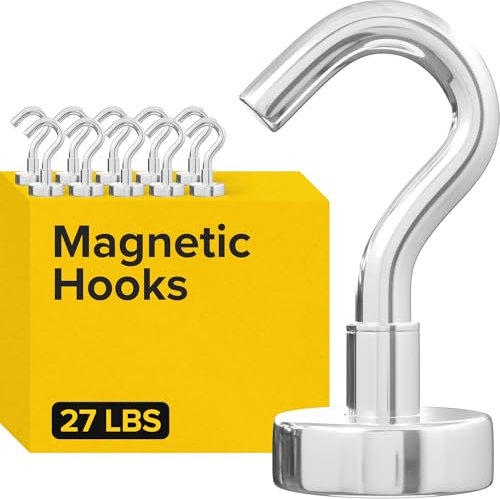 Magnetic Hooks 12kg/27lbs (Pack of 10 Silver) - Heavy Duty Neodymium Hooks for Outdoor & Backyard Use - Strong Rare Earth Magnets for Cruise Cabins - Magnetic Hooks for Kitchen & Refrigerators