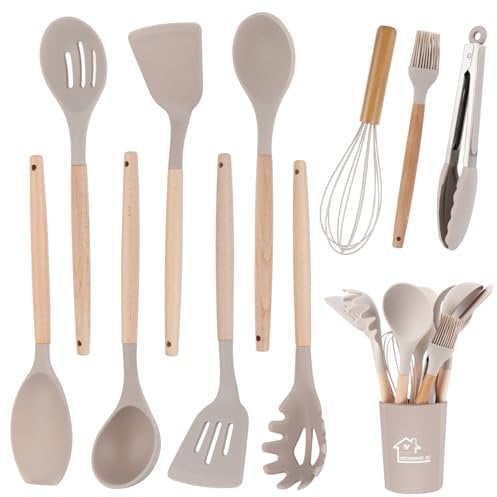 11 Piezas Juego Utensilios de Cocina, Utensilios de Cocina de Siliconacon Soporte para Utensilios, Utensilios Cocina Resistente al Calor Antiadherente, Utensilios Cocina Silicona con Mango de Madera