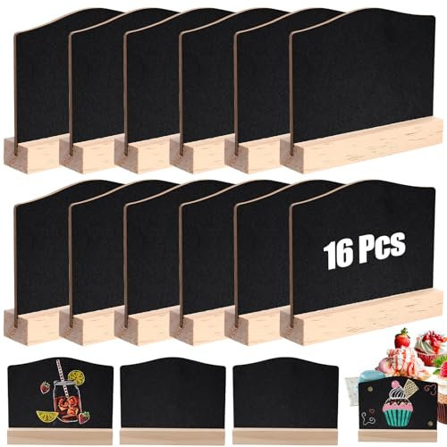 16 Pièces Mini tableaux noirs, Petit Tableau Noir, Mini Panneau d'Affichage avec Support en Bois, Petite Ardoise de Table, Effacable Signes pour Buffet, Mariage, Boulangerie, Fête, Restaurant, Bar