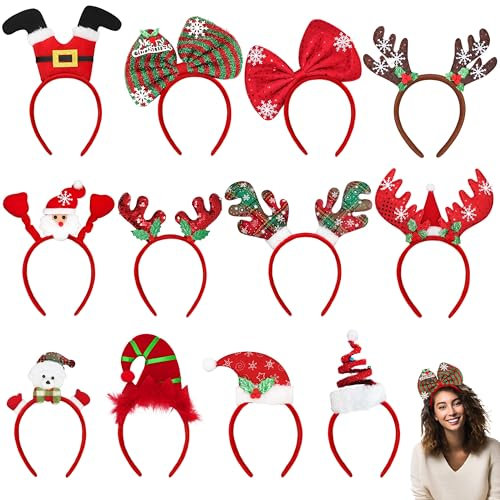 VFZILH 12 Stück Haarreifen Weihnachten,Weihnachts Haarreif für Erwachsene, Damen und Herren,Weihnachts Kopfschmuck Umfasst Santa Claus, Rentiergeweih,Schneeflocken,Pailletten und Bögen Designs