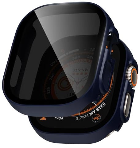 2 fundas con protector de pantalla de cristal compatible con Apple Watch Ultra 3 (2025)/Ultra 2/Ultra 49 mm, protección antiespía, carcasa rígida de protección HD ultrafina, para iWatch, color azul