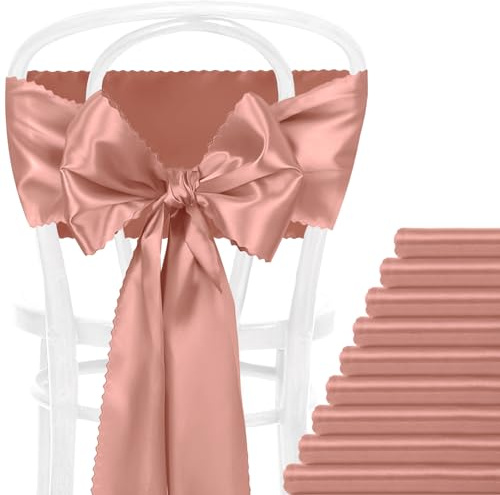 Eychei 12 Pcs Rose Gold Satin Chair Sashes Bows, 7x108 inch Chair Bow Ties Back Chair Cover Silky Dining Chair Sash Satin Chair Ribbon for Wedding, Party, Banquet, Restaurant, Hotel Event Decorations