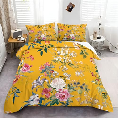 Bettwäsche Traditionelle Blumenillustration Drucken,Gelb Bettwäsche Set mit Reißverschluss 3 Teilig-Set mit 2 Kissenbezug Weich & Warm für Jungen Mädchen Erwachsener 135 x 200 cm