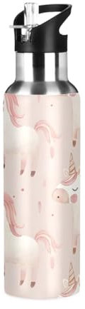 OWFKAY Bottiglia d'acqua Thermos in acciaio inox isolato sottovuoto manico bottiglia d'acqua coperchio cannuccia a prova di perdite bottiglie sportive in metallo termico unicorno sfondo rosa