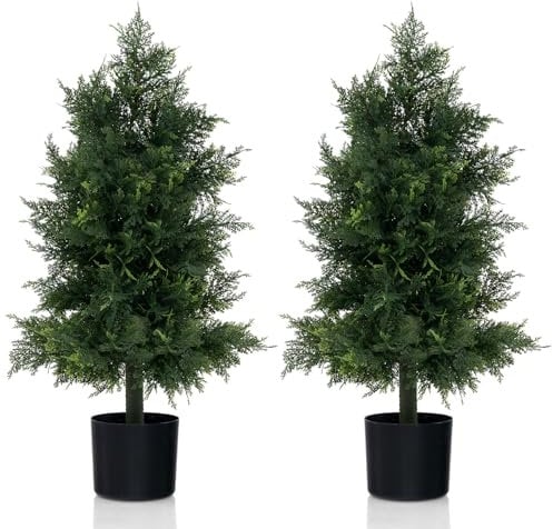 COSTWAY 2er Set Kunstpflanze Zeder 80 cm, künstliche Pflanze Kiefernbaum Formschnittbaum, Kunstbaum mit Topf, Grünpflanzen mit realistischen Blättern, Dekopflanze Zimmerpflanze für Haus Büro, Grün