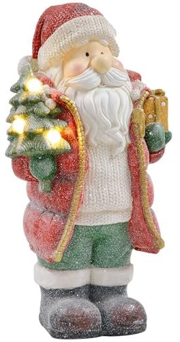 HOMCOM Weihnachtsdeko Figur, Weihnachtsmann mit Weihnachtsbaum und Geschenk, 50 cm Weihnachtsfigur mit LED-Licht, Dekofigur zu Weihnachten, für In- und Outdoor