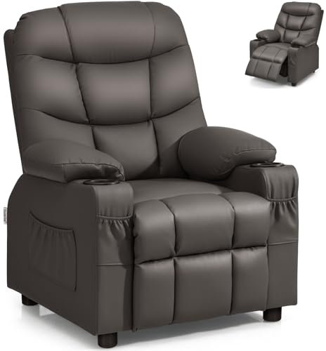 GYMAX Kids Sofa Chair, PU Leather Children Recliner Armchair with Adjustable Backrest & Footrest, Cup Holder and Side Pockets, Upholstered Toddler Lounge Chair for Boys Girls (Coffee)