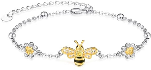 KINGWHYTE Biene Armband 925 Sterling Silber Gänseblümchen Armbänder Vergoldet Biene mit Blume Armbänder Tier Schmuck Geschenk für Damen Mädchen Freundin