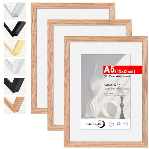HIMEETIME® 3x Bilderrahmen DIN A5 15x21 cm,aus massivem Eichenholz,Natur Eiche Holz Rahmen Display 10x15cm Bild mit Passepartout | für Wandbehänge oder Tischdekoration
