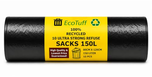 Black Bin Bags Heavy Duty 150L, EcoTuf 10 Pack Black Sacks, Garden Waste Bags, Wheelie Bin Liners for 120L Bins, Large & Strong 60Kg Resistant, Rubble Sacks, Refuse Sacks 150 Litre Heavy Duty Bin Bags