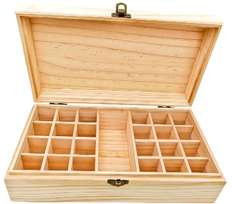 Anktily Unlackierte Aufbewahrungsbox aus Holz mit Deckel/25 Fächern, 27,5 x 15,2 x 8,5 cm, unlackiertes Holz, Box für kleine Andenken, Schmuck, Teebeutelhalter