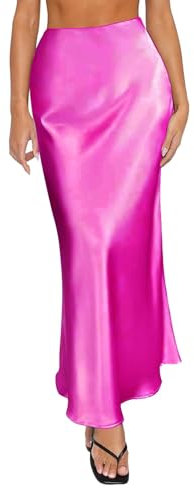 Primavera Estate Gonne di Raso per le Donne Longline Gonne a Vita Alta Maxi Cocktail Party Gonne di Nozze Tinta Unita Una Linea Lunga Gonne di Seta, Rosa acceso, XS