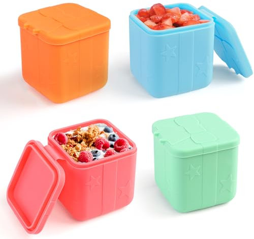 4.4oz Silicone Snack Containers with Lids for Kids, 4pcs Reusable Small Containers, Leak Proof Silicone Food Storage Containers, Stackable Kids Lunch Box for Daycare, School, Travel, Office, Picnic.