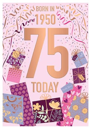 Words 'n' Wishes Geburtstagskarte zum 75. Geburtstag für Frauen, zum 75. Geburtstag, mit Konfetti und Geschenken, Design mit geprägten Foliendetails, Geburtstagskarte für Frauen