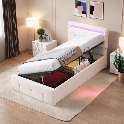 Wyibwy Cama acolchada de 90 x 200 cm, con iluminación LED, cama de almacenamiento hidráulico, cama individual con cabecero ajustable en altura, tela de terciopelo, para adultos y adolescentes, beige