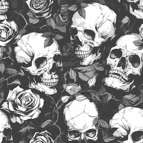 JIAOQSS Self Adhesive Wallpaper Black White Flower Stick on Wallpaper Gothic Skull Flower Waterproof Vinyl Wall Cabinet Furniture Decorative Paper