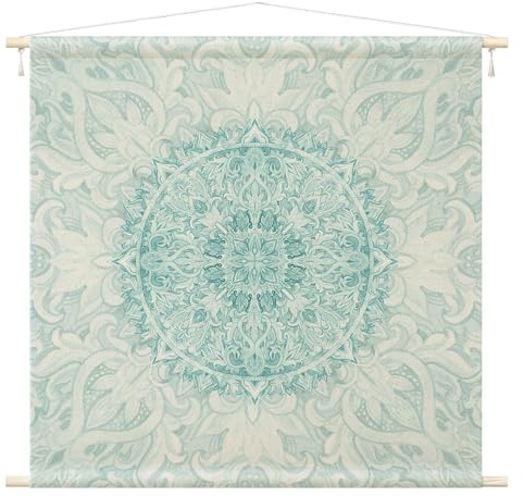 micasia Wandteppich Kunstdruck Stoffbild inkl. Holzstäbe & Seile Wanddeko - Made in Germany - Mandala Aquarell türkis Wohnzimmer Schlafzimmer Wandbehang 1058 (90x90cm)