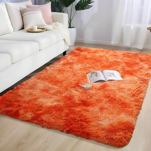 AIMECO Hochflor Teppich Wohnzimmer Carpet Tie-dye orange 80X150cm Anti-Rutsch Extra Große Teppiche Schlafzimmer flauschig Teppiche Matte Teppichen Mädchen Schlafzimmer und Kinderzimmer