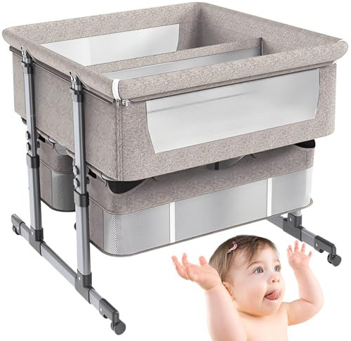 Generisch Zwillings-Babybett,Beistellbett,Kinderbett mit Aufbewahrungskorb,6-Fach Höhenverstellbar,Leicht Zusammenklappbares Schlafbett,Tragbares Babybettb,für Jungen und Mädchen (Khaki)