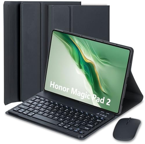 HEKUEUN Funda con Teclado para Honor Magic Pad 2 12,3 Pulgadas Tableta, Español Ñ Teclado Bluetooth Inalámbrico Magnético Desmontable, Funda Tipo Folio Ultrafina Y Ligera con Ratón