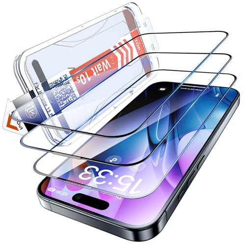 LK für iPhone 15 Pro Schutzfolie [Full Screen] Auto-Installation Schutzglas [9H TOP Härte] Stoßfest Kratzfest Anti-Fingerabdruck Anti-Öl Anti-Bläschen, 3 Stück