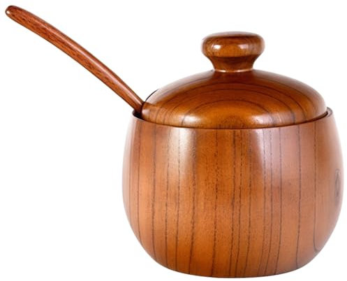 Salière et poivrière en bois d'acacia avec couvercle et cuillère, design élégant pour le rangement des assaisonnements, parfait pour la cuisine