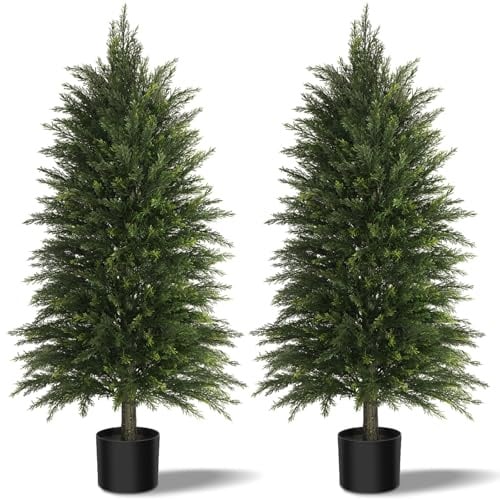 Artificial Cedar Trees 120cm 2 Set, Realistic Faux Evergreen Topiary Bushes Plants, Outdoor Potted Fake Cypress Shrubs for Front Porch Garden Home Living Room Decor