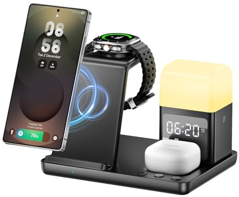 6 in 1 Induktive Ladestation,Wireless Charger mit Wecker und Nachtlicht, Kabelloses Ladegerät kompatibel mit Samsung Galaxy S25/S24/S23/S22Galaxy,Z Flip 6/Z Flip 5/Z Fold 6/Z Fold 5,Buds3,Galaxy Watch