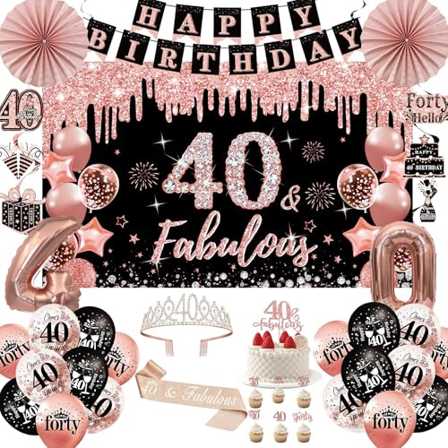 40th Birthday Decorations for Women Rose Gold 40th Birthday Balloons Banner Sash Hanging Swirls Paper Fans Crown Party Decorations for Womens 42pcs 40 Years Old Anniversary Celebrations Kit