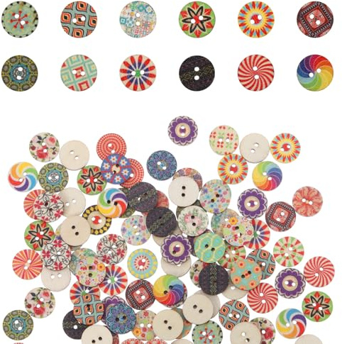 100 Stück Retro Knöpfe, Bunte Holzknöpf Bunte mit 2 Löchern, Holzknöpfe zum Basteln, Retro Runde Knöpfe Gemischte Blumenknöpfe zum Nähen, DIY Basteln, Handwerk Deko, Scrapbooking (15 mm)
