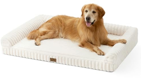 COZY KISS Orthopädisches Hundebett Grosse Hunde 122x89x19cm Waschbar, Creme | Wasserdichtes Hundesofa mit Eierkarton-Schaum, Weichem Kunstfell & Cordbezug Hundebetten, Abnehmbar & Waschbar Hundekorb