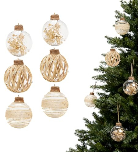 Weihnachtskugel Set 6 Stück 8 cm, Handgemachte Klare Kunststoff-Kugeln, Boho Beige mit Jute-Ummantelung, Hängende Christbaumschmuck für Weihnachtsdekoration in Wohnzimmer und Geschäftsräumen (Beige C)