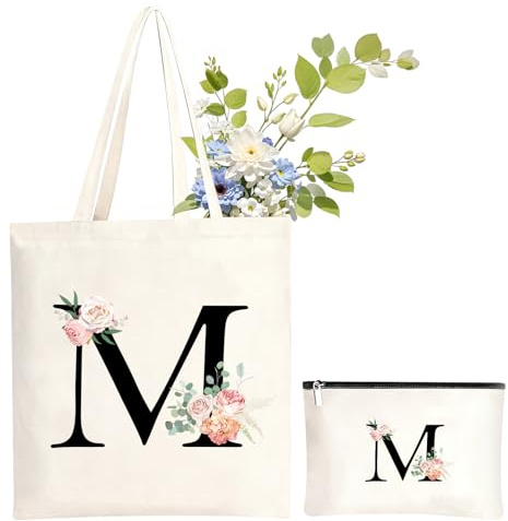 NHTJTHE Initialen Baumwolltasche personalisiert, Canvas Einkaufstasche mit Reißverschluss und dazu passende Kosmetiktasche,Besondere Geschenkidee für Frauen, Mama, Freundin zu Allen Festtagen