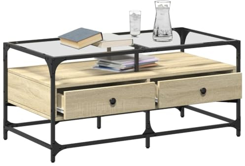 Tomostar Table Basse, Table Centrale Salon Bout de Canapé avec Dessus en Verre chêne Sonoma 98,5x50x45 cm Acier