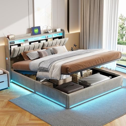 BestAlice Polsterbett 160x200 mit Ladestation und LED,Jugendbett, Doppelbett mit Stauraum Kopfteil und Zweistöckige offene Regale, Hydraulischem stauraumbett, Bettgestell mit Lattenrost,Samt,Grau