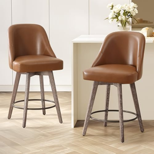 Bekrvio Lot de 4 tabourets de bar pivotants à 360° - Avec dossier - Hauteur d'assise : 65 cm - Avec pieds en bois et repose-pieds - Siège rembourré - En cuir synthétique