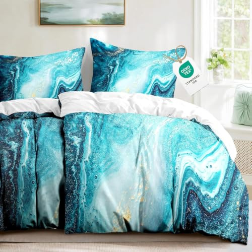 HOMHOMHA Bettwäsche 4-teilig 135x200 cm Blau Marmor –2 Bettbezüge 135x200 + 2 Kissenbezüge 80x80 – Edler Bettbezug mit Marmor-Muster – Hochwertige Mikrofaser, verdeckter Reißverschluss