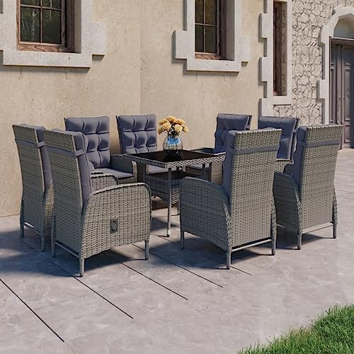 QUAHEAS Salon de jardin 9 pièces en polyrotin et verre, gris, table 120 x 120 cm, fauteuils réglables, ensemble de meubles d'extérieur robustes pour terrasse et jardin