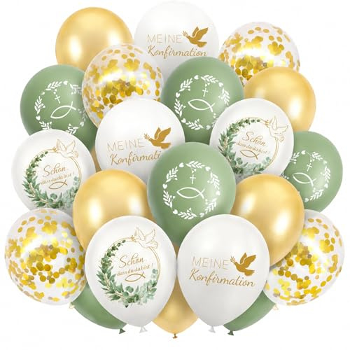 Koboko 25 Stk Luftballons Konfirmation Deko Mädchen Junge, 12 Zoll Gold Weiß Ballons Taube Deko Konfirmation Mädchen Junge, Luftballons Kommunion Deko mit Fischmotiv und Blätterkranz für Erstkommunion