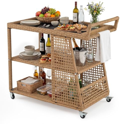 COSTWAY Carrello Bar da Esterno in Rattan con 4 Ruote e 3 Ripiani | Carrello Portavivande con Maniglia Laterale, Carrellino da Servizio per Cucina, Giardino e Bordo Piscina, 98 x 54 x 92 cm